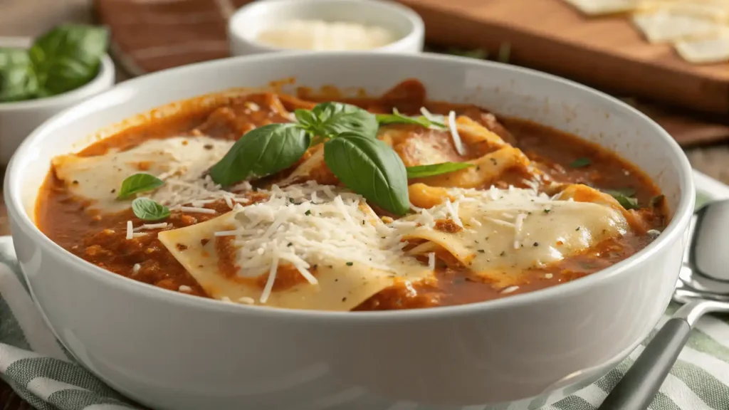 Lasagne Suppe kocht mit Fleisch und Pasta im köchelnden Brühe.