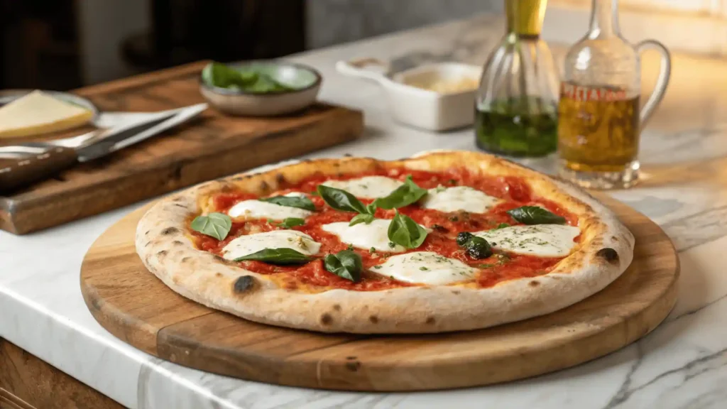 Zubereitung einer neapolitanischen Pizza zu Hause – Teig mit Tomatensauce bestrichen, frische Zutaten bereitgelegt.