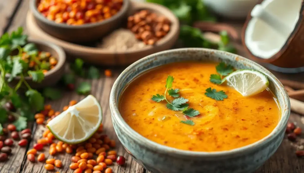 Cremige Rote Linsen Kokos Suppe in einer Schale mit frischen Kräutern.