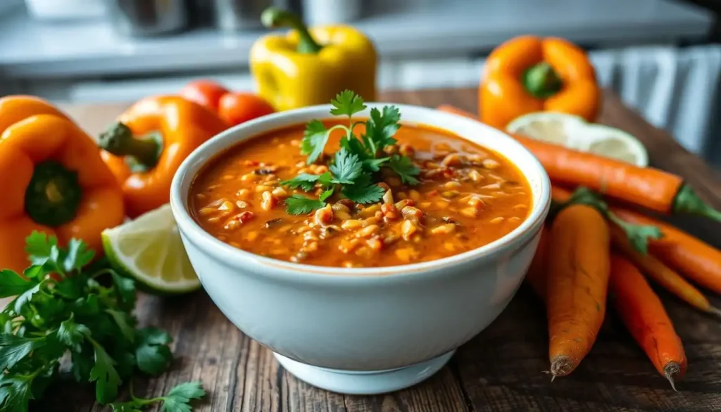 Rote Linsen Kokos Suppe mit Kokosmilch und Gewürzen serviert.