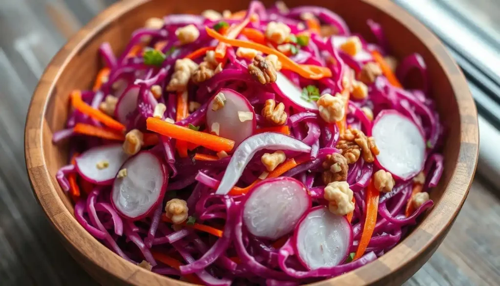 Frisch zubereiteter Rotkohl Salat mit Karotten, Apfelstückchen und Walnüssen in einer Schüssel.