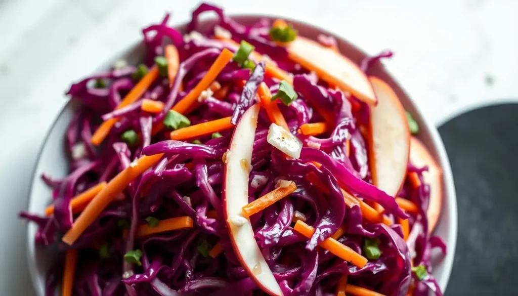 Frischer Rotkohl salat wird in feine Streifen geschnitten und mit Dressing verfeinert.