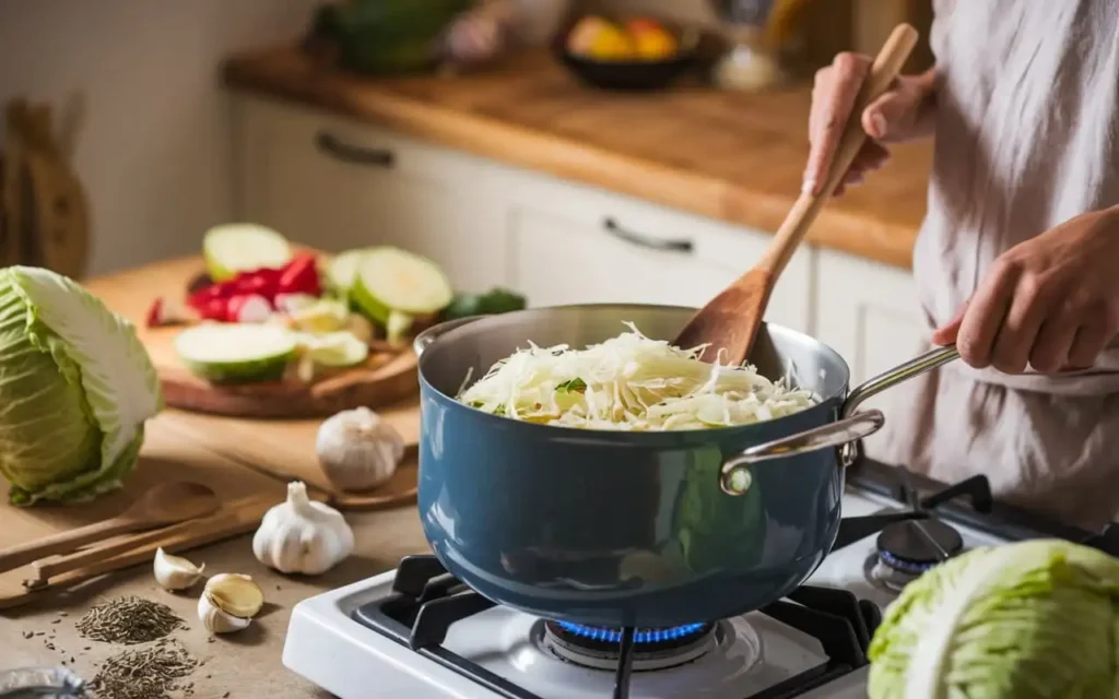 Sauerkraut Rezept in einem Topf während des Kochens rühren.