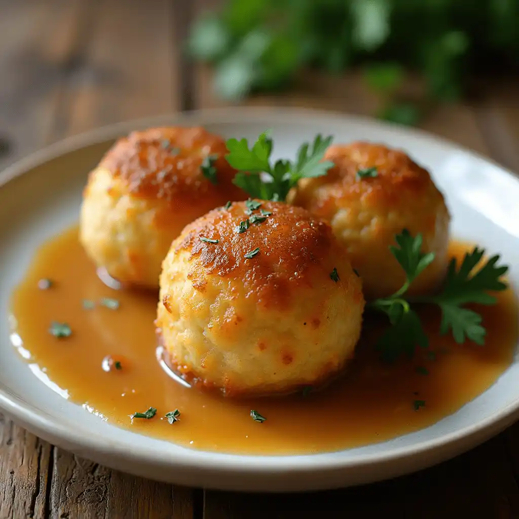 Leckere Semmelknödel Rezept mit Soße serviert.