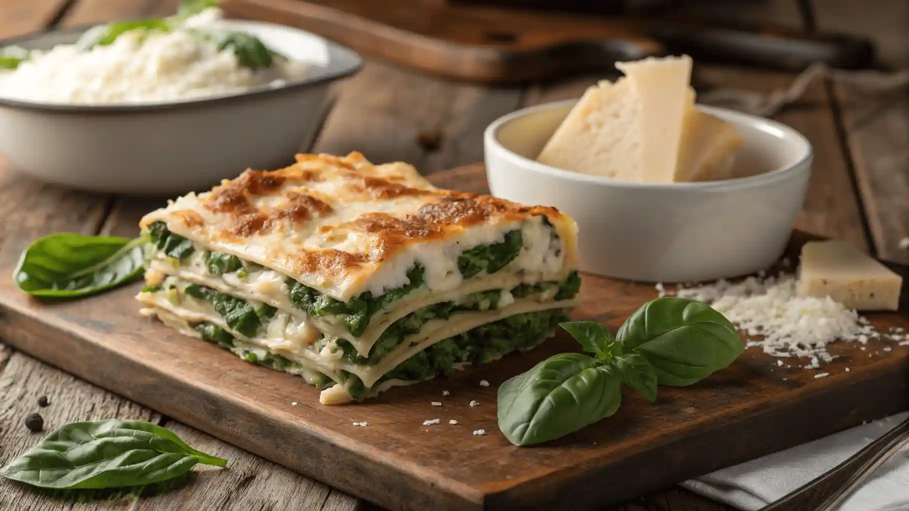 Spinat Lasagne mit goldbrauner Käsekruste und frischem Basilikum.