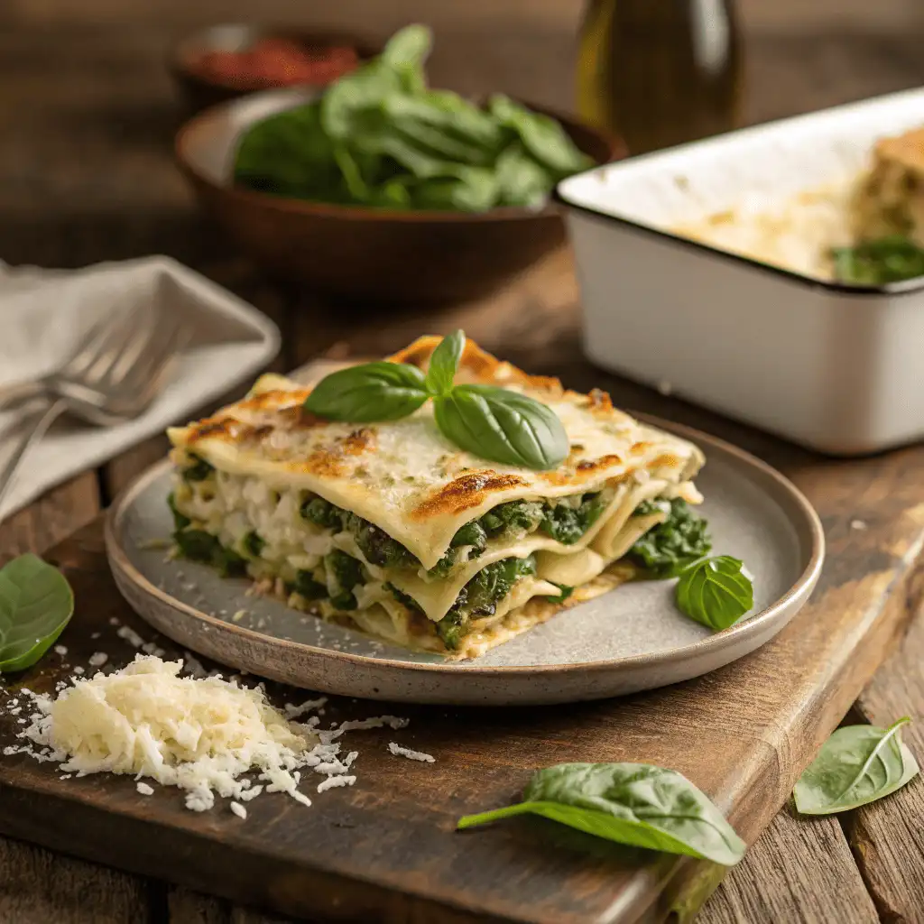 Frische Spinat Lasagne beim Schichten mit Spinat, Sauce und Käse.