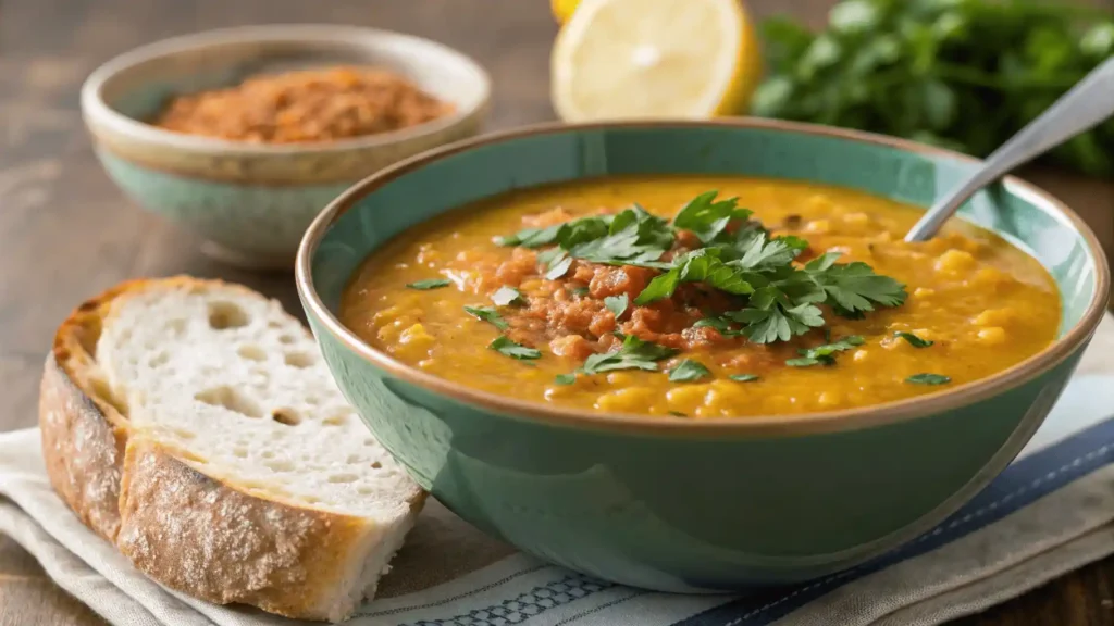 Zutaten für Türkische Linsensuppe in der Küche, bereit zum Kochen