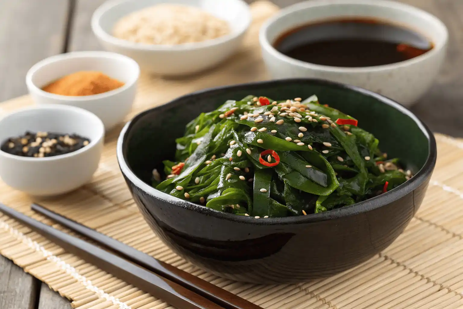 Frischer Wakame-Salat mit Sesam und Chiliflocken in einer Schüssel.