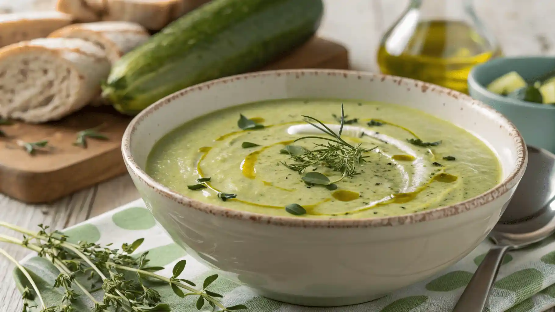 Cremige Zucchini Suppe Thermomix, garniert mit frischen Kräutern