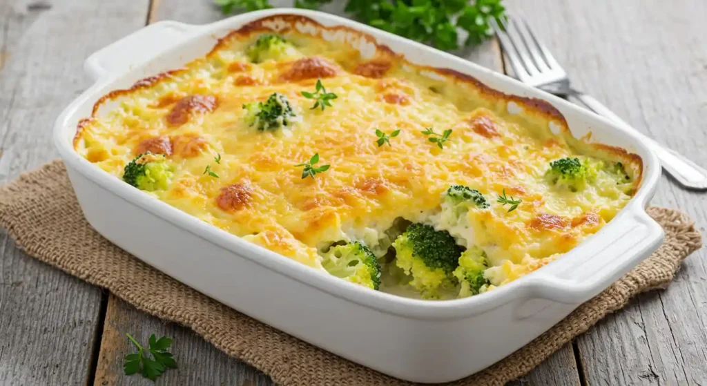 Brokkoli Gratin mit Käsekruste, goldbraun und lecker serviert.