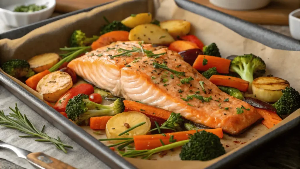 Frische Zutaten für Lachs im Ofen mit Gemüse auf einer Küchenarbeitsplatte.