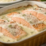 Lachs Sahne Gratin mit langen Lachs-Stücken und cremiger Sauce