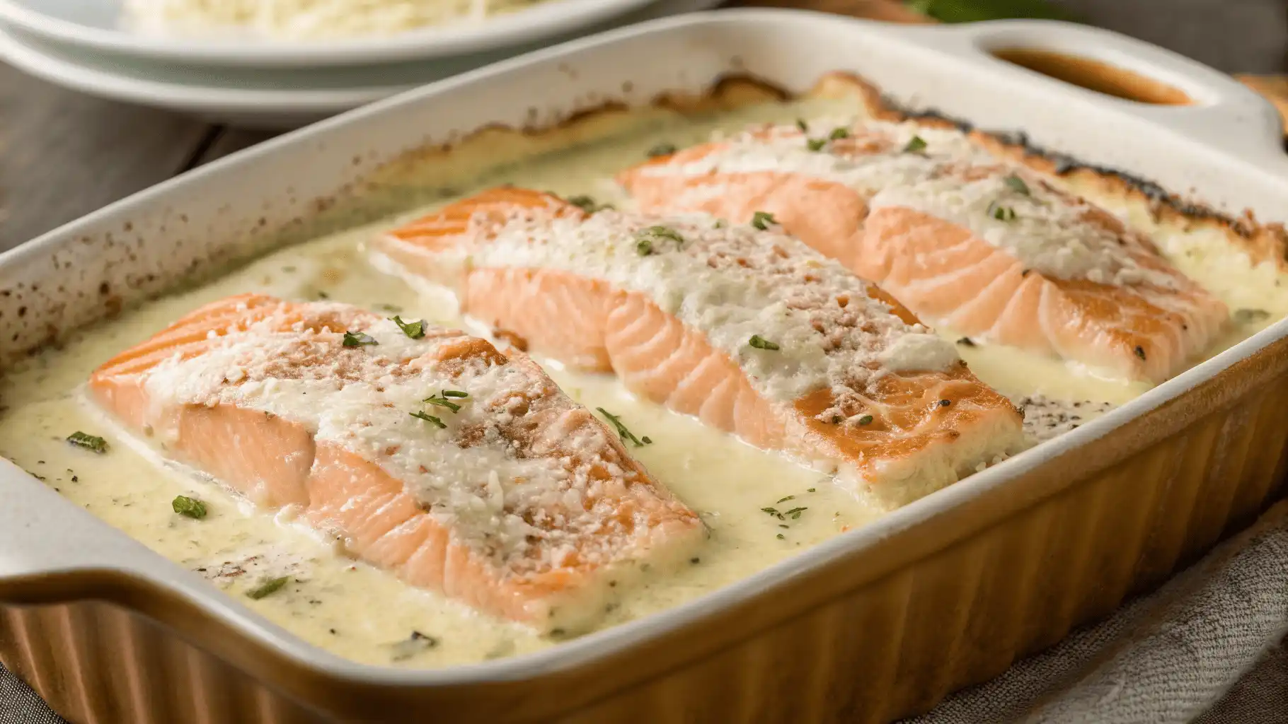 Lachs Sahne Gratin mit langen Lachs-Stücken und cremiger Sauce