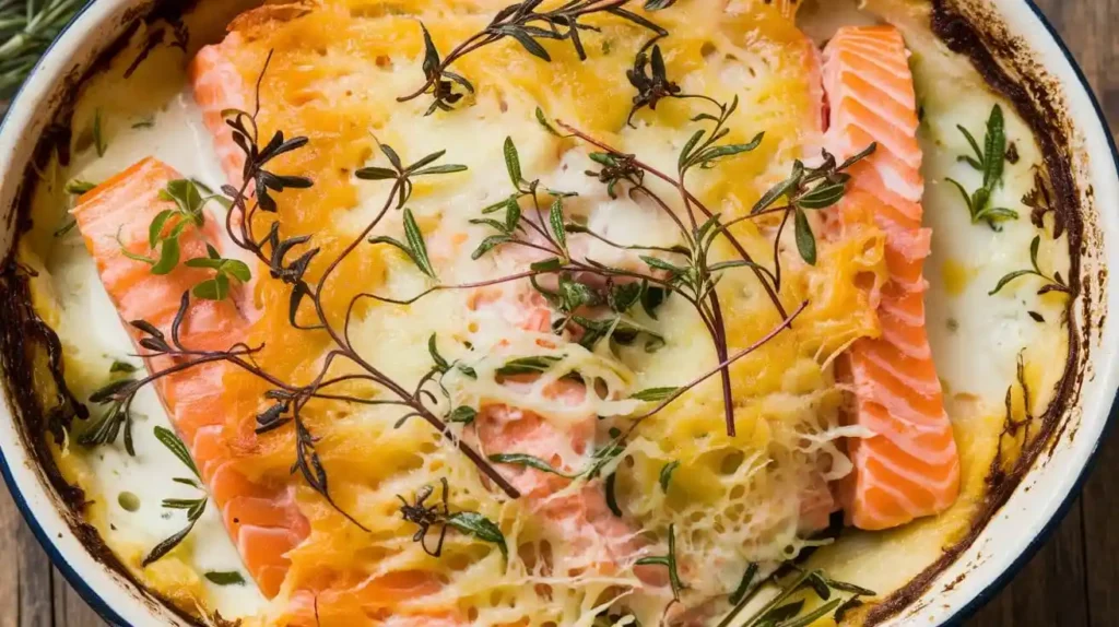 Zubereitung von Lachs Sahne Gratin mit frischen langen Lachs-Stücken